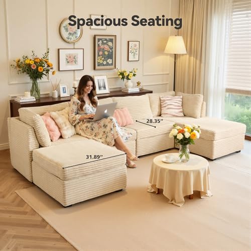 CAODOC 6 Seat Modular Sectional Couch,Corduroy,Convertible U/L-Shaped,Beige