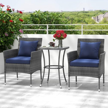 Tangkula 3-Piece Patio Furniture Set, PE Wicker Conversation Bistro Set w/A Tempered Glass Table & 2 Cushioned Chairs, Outdoor Table & Chairs Set for Patio Porch Yard Garden (Mix Gray+Navy)