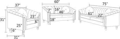 Sectional Sofa Set, Microfiber Chesterfield Upholstered Sofas Loveseat Couch Chair Sets with Style Button Tufted, Scroll Arms and Nailhead for Living Room, Office, Apartment-Black,3PCS