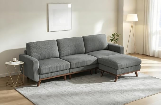 L-Shaped Sectional Sofa, 3-Seater Convertible Couch with Ottoman, FSC Certified Solid Wood Frame, Spring Cushions, Curved Armrests, Comfort Corduroy Sofa for Living Room, Apartment, Office, Dark Gray
