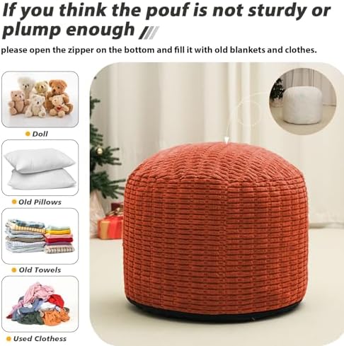 Round Stuffed Pouf Ottoman for Foot Rest 20" X 15" Faux Fur Poufs, Orange