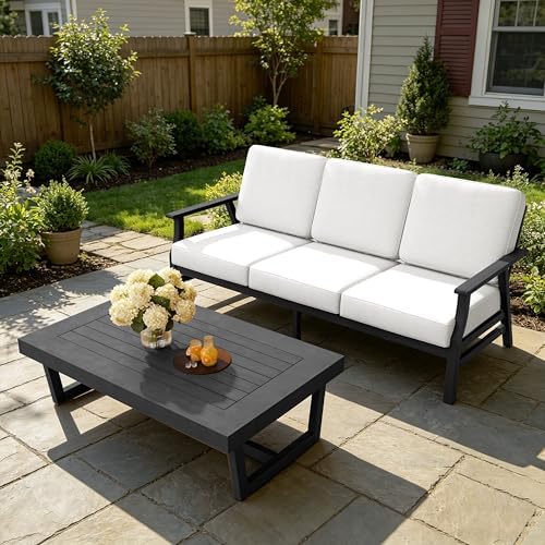 Pia Ricoo Outdoor Premium Teak Wood Couch with Armrests & Table, All‑Weather Outdoor Furniture for Backyard, Deck, Lawn, Beige/Dark