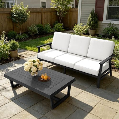 Pia Ricoo Outdoor Premium Teak Wood Couch with Armrests & Table, All‑Weather Outdoor Furniture for Backyard, Deck, Lawn, Beige/Dark