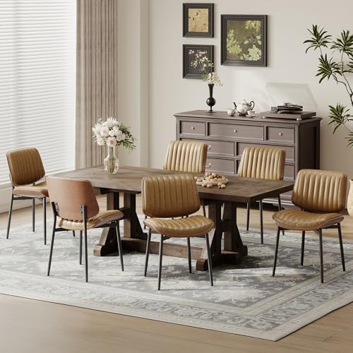 MALOL Leather Dining Chairs Set of 6, Modern Upholstered Dining Room Kitchen Chairs with Metal Legs and Wooden Back Support for Home Dining Room/Restaurant, Light Brown