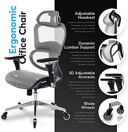 Oline ErgoPro Ergonomic Office Chair - Rolling Desk Chair with 4D Adjustable Armrest, 3D Lumbar Support and Blade Wheels - Mesh Computer Chair, Gaming Chairs, Executive Swivel Chair (Light Gray)