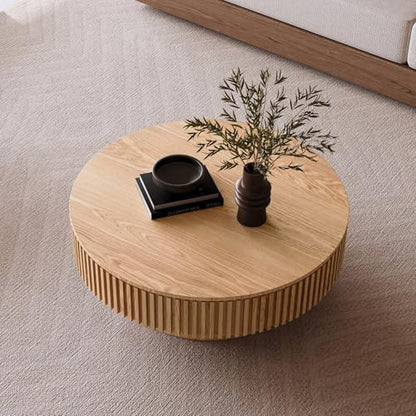 39.37'' Round Coffee Table with Storage, Solid Wood Veneered Modern Drum Coffee Table Accent Tea Table for Living Room, Bedroom, Apartment or Office-Natural