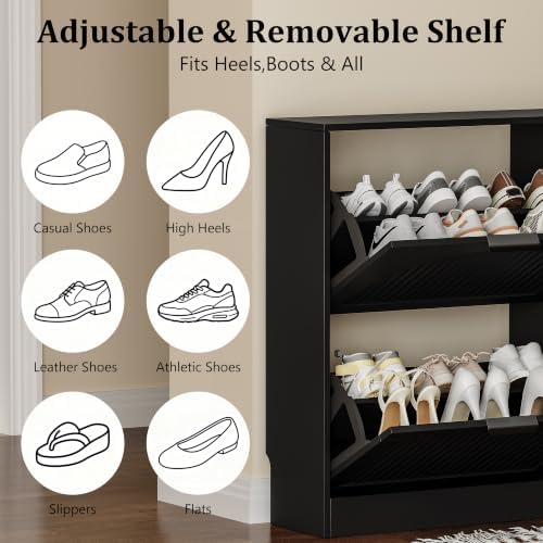 Fluted Shoe Storage Cabinet for Entryway, 4 Flip Drawers, Black