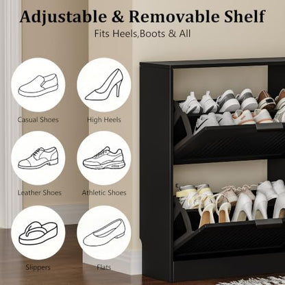 Fluted Shoe Storage Cabinet for Entryway, 4 Flip Drawers, Black