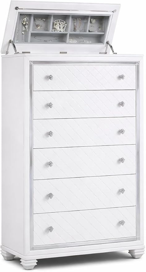 First of a Kind Shiney Contemporary 5 Piece Queen Bedroom Set High Gloss White Finish with Upholstered Headboard, Sleek Modern Bedroom Furniture Set for Coordinated Interiors
