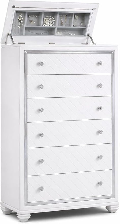 First of a Kind Shiney Contemporary 5 Piece King Bedroom Set High Gloss White Finish with Upholstered Headboard, Sleek Modern Bedroom Furniture Set for Coordinated Interiors