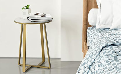Dorriss Round End Tables, Small Side Table White Marble Texture MDF Top,Metal Frame Gold Color, Tall End Table for Bed Room,Coffee Tea End Table for Living Room (White Marble+Gold)