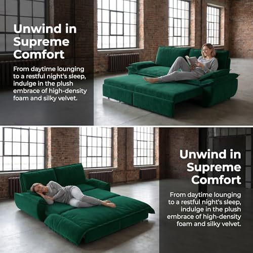 73.2" Sofa Bed Queen, 3-in-1 Pull Out Sofa Bed with Pillow Armrest, Modern Velvet Convertible Sleeper Futon Sofa for Living Room Small Space, Apartment, Bedroom, Green