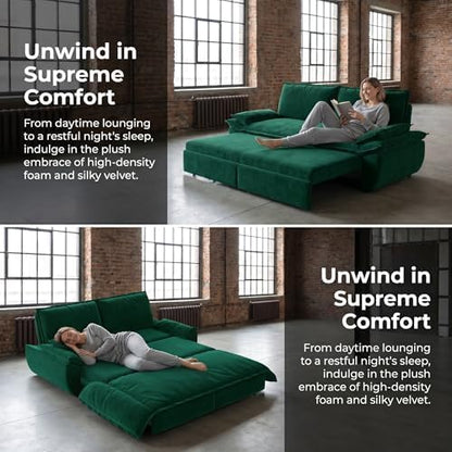 73.2" Sofa Bed Queen, 3-in-1 Pull Out Sofa Bed with Pillow Armrest, Modern Velvet Convertible Sleeper Futon Sofa for Living Room Small Space, Apartment, Bedroom, Green