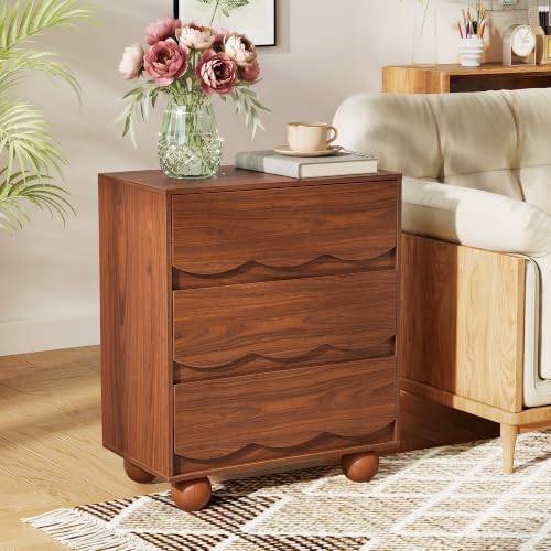 Walnut Scalloped 3 Drawer Dresser,Mid Century Modern Nightstand for Bedroom