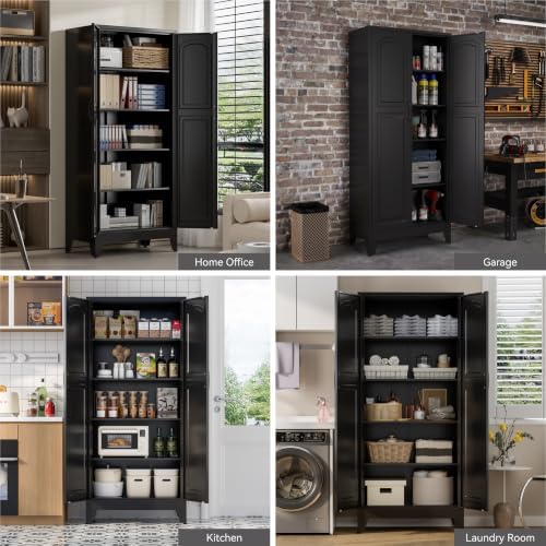 71" Metal Storage Cabinet with 5 Adjustable Shelves, Arch‑Curve Black