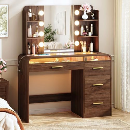 Vanity Desk with Mirror and Lights, Makeup Vanity with 4 Drawers, Transparent Glass Top with RGB Drawers Lighting, Wood Vanity with Charging Station, for Bedroom, Walnut