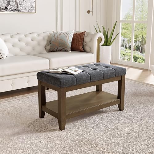 Rubber Wood Shoe Upholstered Shoe Bench Dark Gray Chenille UASND66G