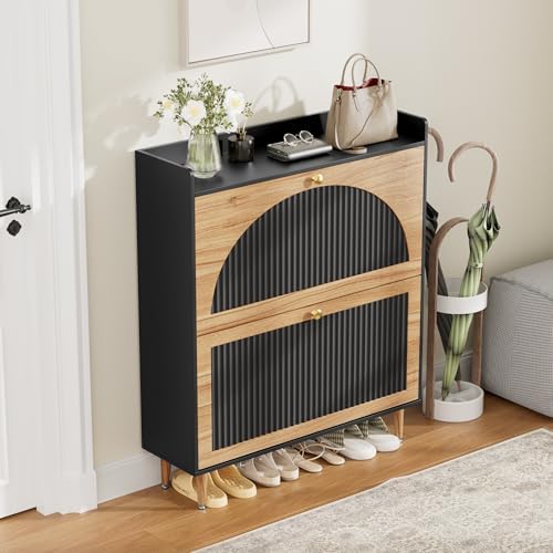 Shoe Storage Cabinet with 2 Flip Drawers (Black and Wood, 2 Flip Drawers)