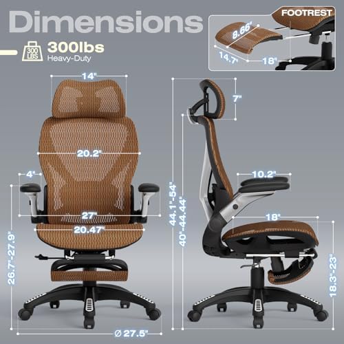 ELABEST X100 Ergonomic Mesh Office Chair with Footrest, Big and Tall Home Desk Chair with 5D Flip-Up Arms