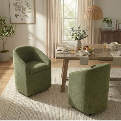 KISLOT Upholstered Dining Chairs with Casters, Washable Cover Modern Dining Room Chairs with Barrel Backrest & Dual Armrest for Kitchen, Living Room, Bedroom, Green Fabric, 2PCS