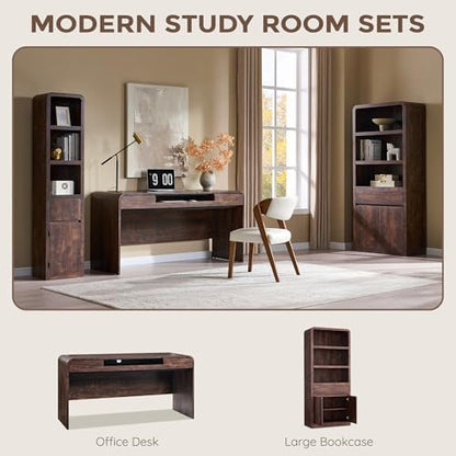 63" Modern Computer Desk with 2 Drawers, Wood Curved (Brown)