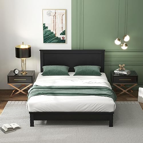 GIANTEX Wood Queen Platform Bed Frame with Headboard, Mid Century Bed Frame with Solid Wood Legs & Wooden Slat Support, Pallet Bed Mattress Foundation, No Box Spring Needed, Black