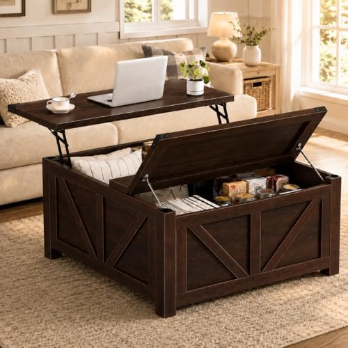Simple Deluxe Lift Top Coffee Table with Storage, 35.5" Square Coffee Tables for Living Room, Farmhouse Coffee Table with Power Outlets, Coffee Tables with Lifting Top for Living Room (Brown)