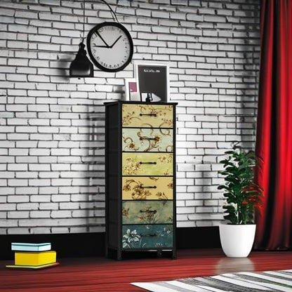 Furnulem Tall 6 Drawers Dresser, Vintage Storage Organizer Unit with Fabric Bins for Bedroom, Living Room, Closet, Nusery, Dorm, Entryway, Bedside Furniture, Sturdy Metal Frame, Wood Top