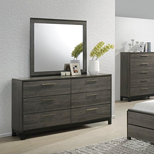 Roundhill Furniture Ioana 187 Antique Grey Finish Wood Bed Room Set, Queen Size Bed, Dresser, Mirror, 2 Night Stands