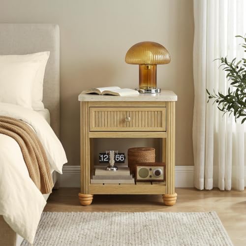COLAMY Rille Modern Side Table, Square End Table with Drawer and Open Shelf, Solid Wood Legs, Thick 24mm Top, Small Accent Table for Living Room Bedroom, 19.7 in