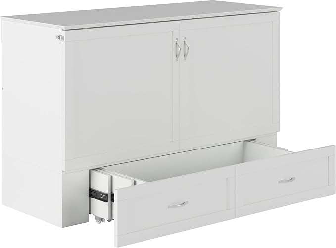 AFI Hamilton Queen Murphy Bed Chest with Mattress, Storage, and Built-in Charger in White