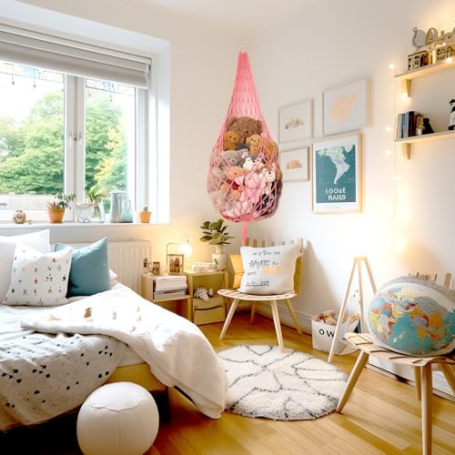 Amdermi Stuffed Animal Net or Hammock Corner Hanging Net for Stuffy Animal Storage Macrame Toy Display Plush Toy Holder Wall Pet Net for Nursery Kid Bedroom Decor Playroom Organizer (Pink)