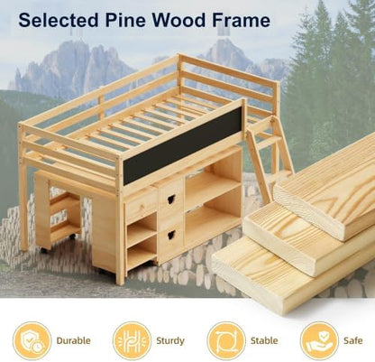 Low Loft Bed with Desk, Twin Size Solid Wood Bed Frame w/Storage Bookshelf & Blackboard, Full Guardrail, Ladder, No Box Spring Needed for Kids Teen, Easy Assembly (Natural)
