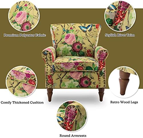 HULALA HOME Traditional Floral Accent Chairs with Wood Legs, Mustard