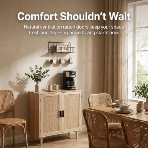 Finnhomy Sideboard Buffet Cabinet, Kitchen Storage Sideboard with Rattan Decorated Doors, Liquor Coffee Buffet, Dining Room, Hallway, Console Table, Accent Cabinet, 31.5X 15.8X 34.6 Inches, Natural