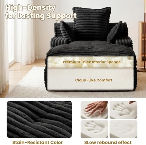 67'' Chaise Lounge Chair Indoor, Oversized Corduroy Upholstered Boneless Sofa Bed, Sleeper Couch Reading Chairs with 3 Pillows, Cloud Sofas Couches for Living Room, No Assembly Required (Black)