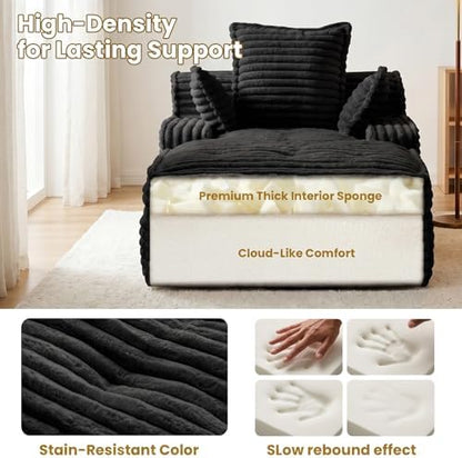 67'' Chaise Lounge Chair Indoor, Oversized Corduroy Upholstered Boneless Sofa Bed, Sleeper Couch Reading Chairs with 3 Pillows, Cloud Sofas Couches for Living Room, No Assembly Required (Black)