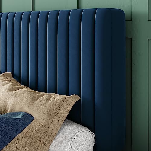 Allewie King Bed Frame, Velvet Upholstered Platform Bed with Adjustable Vertical Channel Tufted Headboard, Mattress Foundation with Strong Wooden Slats, Box Spring Optional, Easy Assembly, Navy Blue