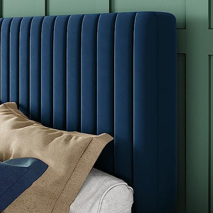 Allewie King Bed Frame, Velvet Upholstered Platform Bed with Adjustable Vertical Channel Tufted Headboard, Mattress Foundation with Strong Wooden Slats, Box Spring Optional, Easy Assembly, Navy Blue