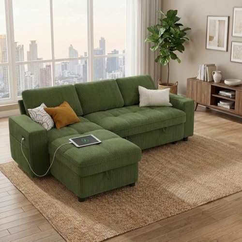 WEUP Plush Corduroy 81" Sectional Sofa with Pull Out Bed, 3 Seat Sleeper Sofa with Storage, Adjustable Backrest, USB Ports, Tool-Free Assembly, Sectional Couches for Living Room, Green