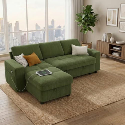 WEUP Plush Corduroy 81" Sectional Sofa with Pull Out Bed, 3 Seat Sleeper Sofa with Storage, Adjustable Backrest, USB Ports, Tool-Free Assembly, Sectional Couches for Living Room, Green