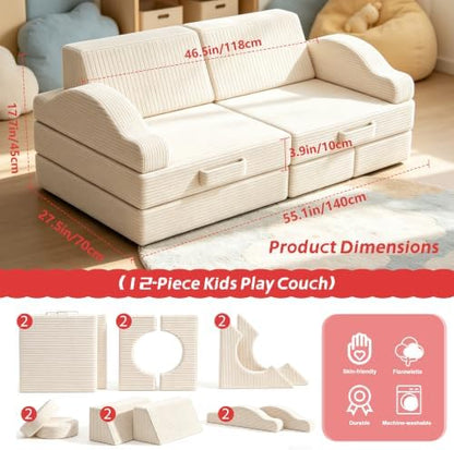Urban Deco Modular Kids Play Couch, 12-Piece Versatile Foam Toddler Couch with Corduroy Removable Cover, Beige