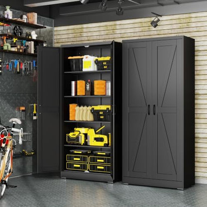 71" Metal Kitchen Pantry Storage Cabinet with 2 Doors and 4 Adjustable Shelves,White Farmhouse Pantry Cabinet,Steel Garage Tool Cabinet Freestanding Cupboard for Kitchen,Dinning Living Room