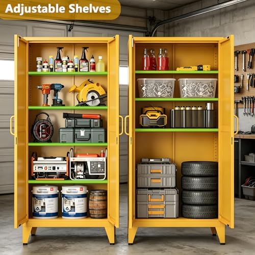 61" Metal Pantry Cabinet with Lock and 3-Tier Adjustable Shelves, Freestanding Heavy Duty Storage Cabinet Locker for Kitchen, Home Office, Garage Yellow