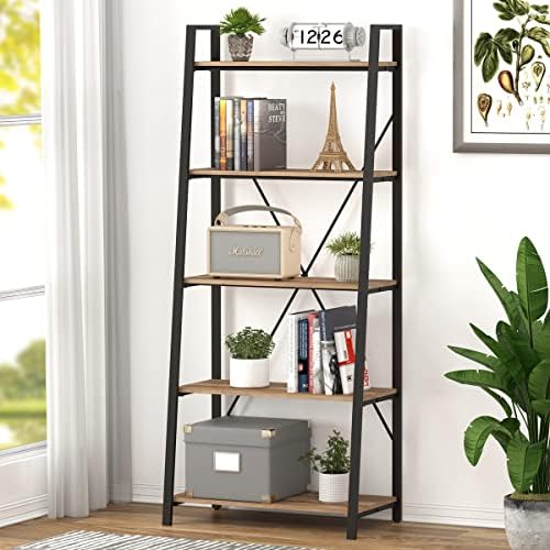 Industrial 5 Tier Ladder Bookshelf, Wood and Metal Ladder Shelf Bookcase, Farmhouse Leaning Shelves for Living Room (Vintage Oak)