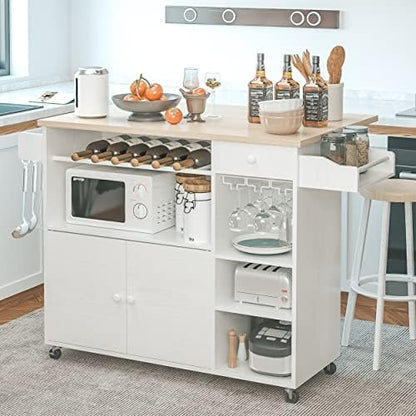 IRONCK Rolling Kitchen Island Cart with Drop-Leaf and Wine Rack, White