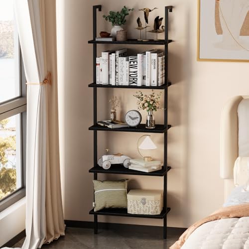 aboxoo Ladder Shelf 2PCS Open Bookshelf 5-Tier Wood Wall-Mounted Black Bookcase Storage Rack Open Industrial Modern Plant Stand Utility Organizer Bookcase Metal Frame Furniture Office Kitchen Bedroom