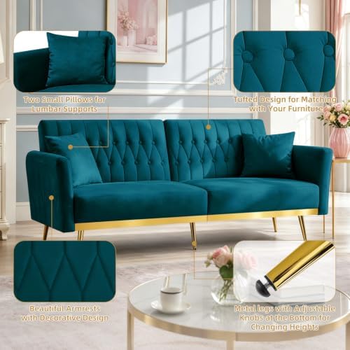 70” Velvet Futon Sofa Bed w/Adjustable Armrests, Teal
