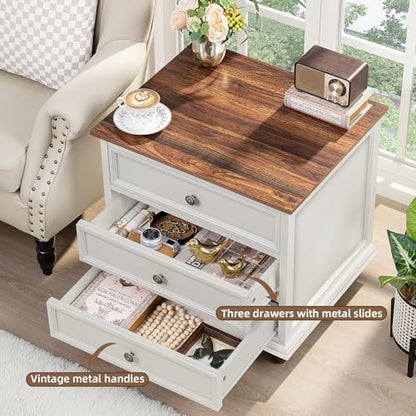 Joaxswe 24" Wide Farmhouse Night Stand,Large End Table with 3 Drawers & Metal Handle,Wood Dresser for Bedroom, White Bed Side Table Chest of Drawers Cabinet,Nightstand for Living Room,Closet