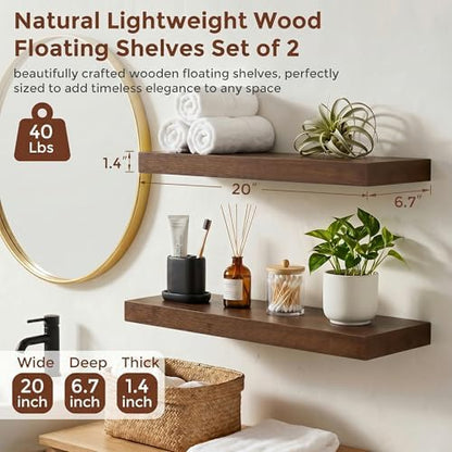 fuqing 20 Inch Floating Shelves 6.7'' Deep Dark Wood Wall Shelves Set of 2